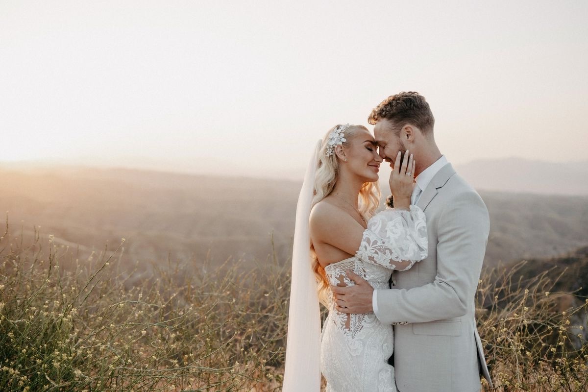 Couple embracing at golden hour